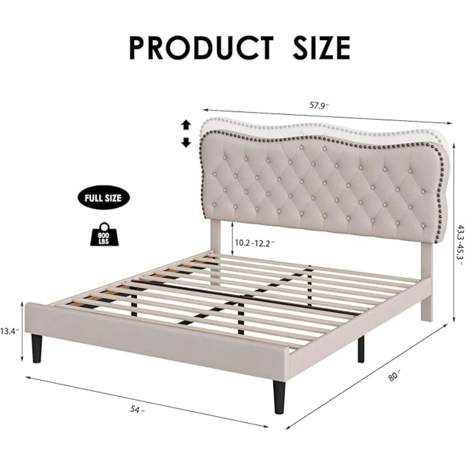 Full Size Bed Frame, Linen Fabric Upholstered Platform with Adjustable Headboard, Diamond Tufted Mattress Foundation