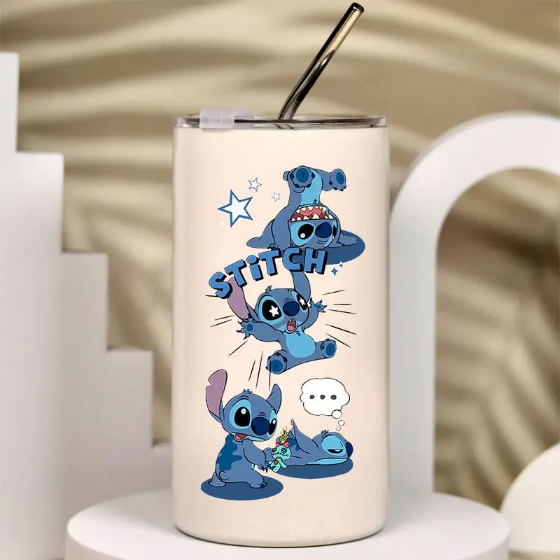 Cute Stitch creative cartoon pattern men's and women's fashionable simple stainless steel large-capacity thermos cup with straw