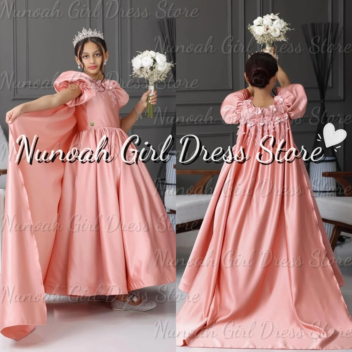 فساتين فتاة الزهور من الساتان الوردي لحفلات الزفاف مزينة بالدانتيل بطول الأرض لالتقاط الصور فساتين التواصل الأول حسب الطلب