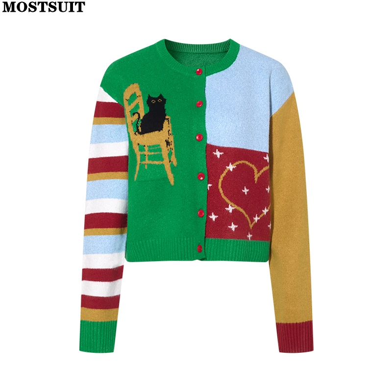 

Красочный жаккардовый вязаный кардиган, свитер, женский осенне-зимний стильный модный шикарный женский трикотаж, топы, джемперы с длинными рукавами и круглым вырезом