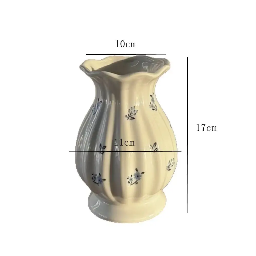 French Vintage Floral Ceramic Vase, White Ribbed Scalloped Luxury Flower Vase for Home Living Room Bedroom Table Decor