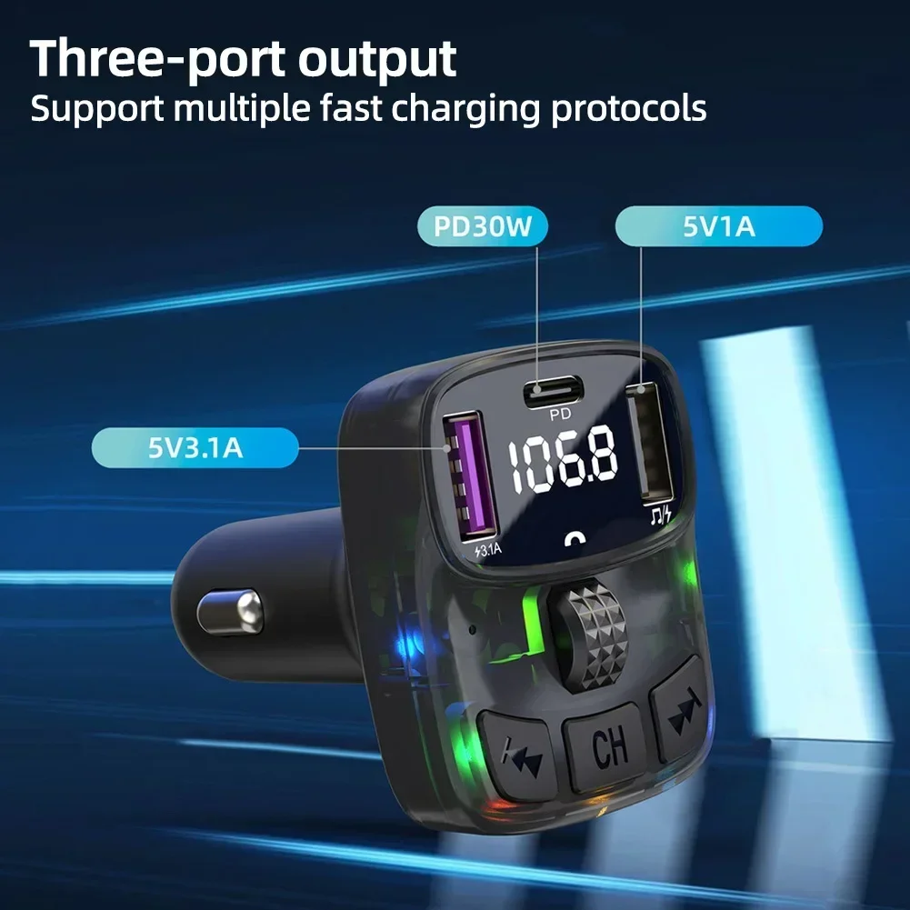 Car Phone Chargers Bluetooth 5.3 FM Transmitter Handsfree Charge Radio Modulator MP3 Player PD15W Super Quick Charge Adapter - náhled 3