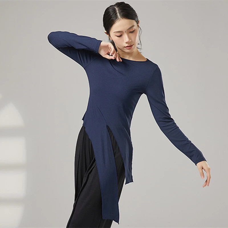 女性モダンダンス練習服トップ長袖シャツ裾包帯エレガントスリム大人のパフォーマンスラテン競技ダンスウェア