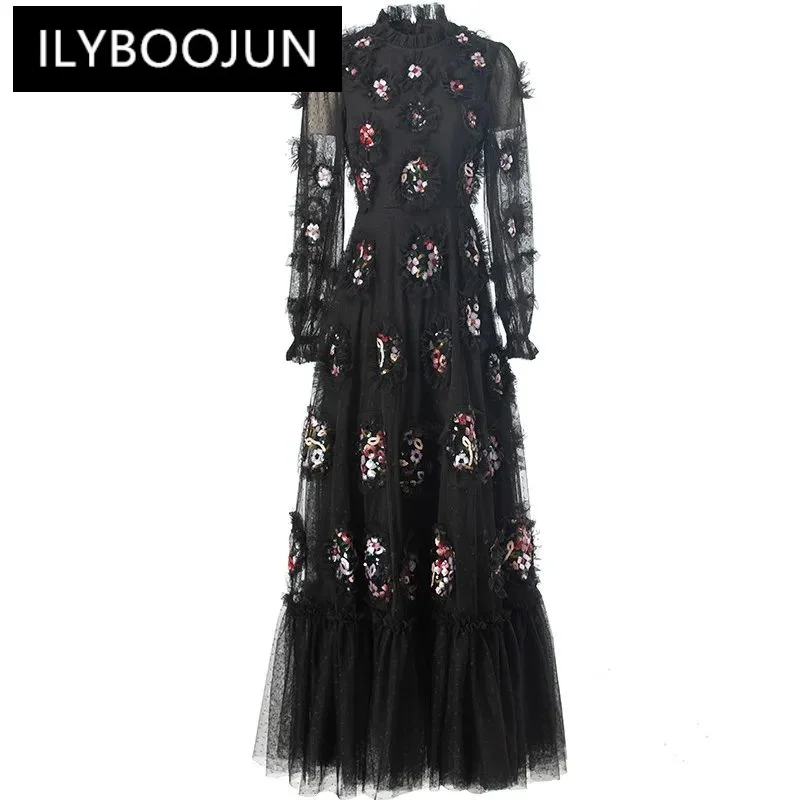 

ILYBOOJUN Mesh Sequins Flounced Edge Summer Dress Women's Lantern Sleeved High End Luxury Evening S-XXXXL Dresses