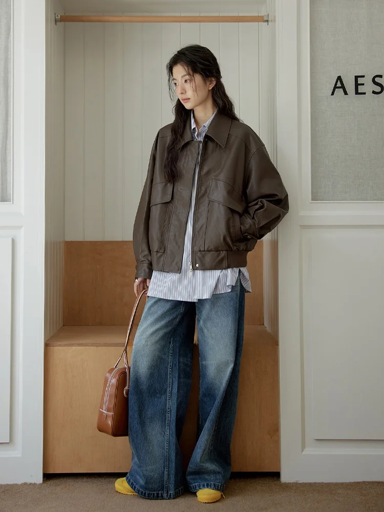 Retro Hazelnoot Bruin Moto Jaet Loose Fit Dames Lente Bovenkleding Winddicht Revers Jas Amy Wine House Pendelen Sle