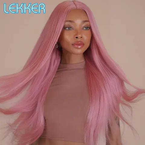 Lekker 로즈 핑크 롱 스트레이트 T 레이스 프론트 100% 인간의 머리 가발 여성용 중간 부분 브라질 레미 헤어 글루리스 컬러 가발