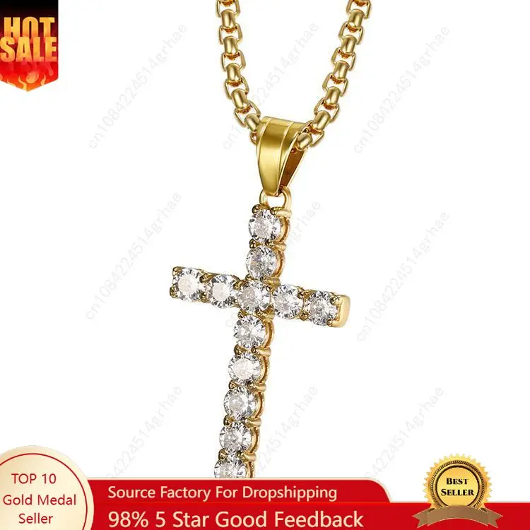 

Gold color necklace stainless steel jewelry man women wedding fashion Cross CZ Zircon stone pendant necklace Christmas gift