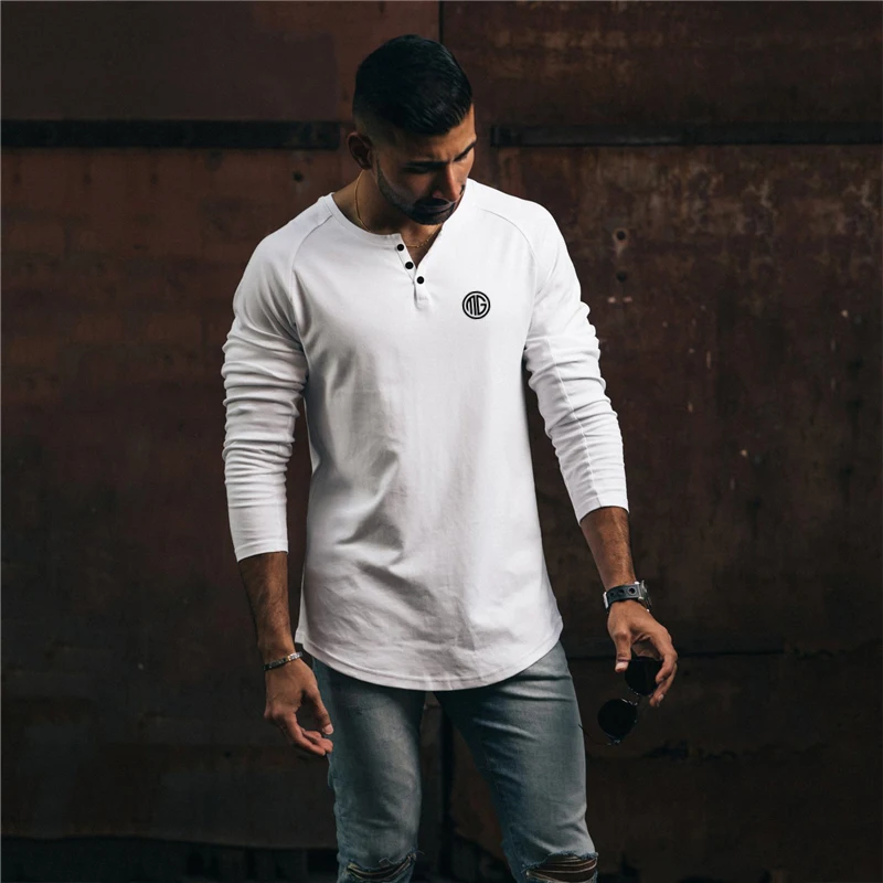 

Muscleguys мужские рубашки на пуговицах с длинными рукавами, футболки для бега на пуговицах, легкая хлопковая модная повседневная спортивная рубашка-пуловер