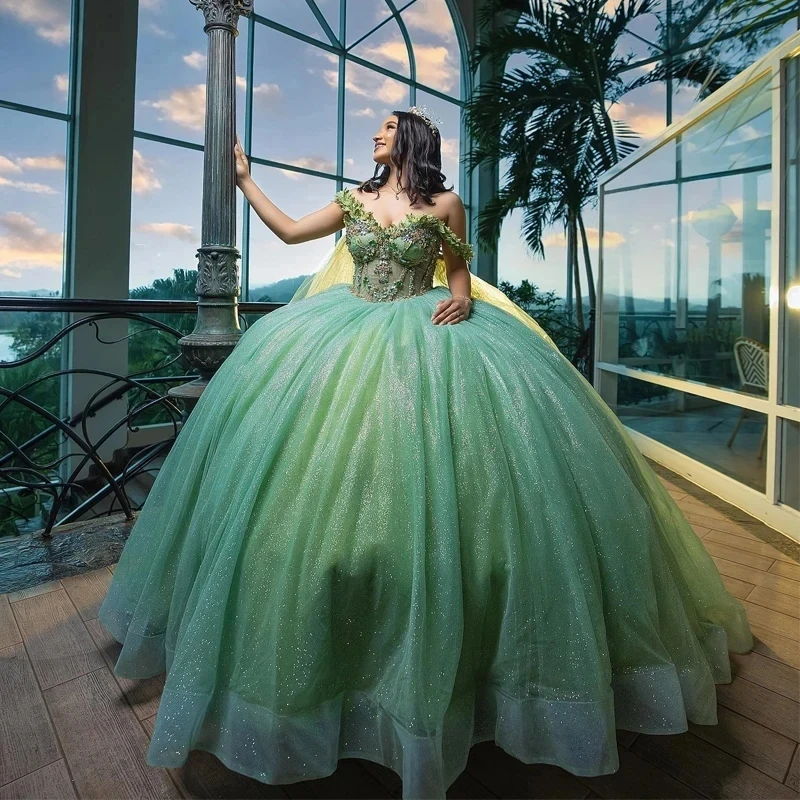 Shiny Sage Green Ball Gown Quinceanera Dress With Cape 3D Floral Appliques Crystals Sweet 16 Vestidos De 15 Años