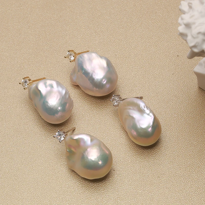 100% Natural Fresh Water Pearl 925 Sterling Silver Big Baroque Pearl Earrings 15-25mm Simple Classic Zircon Princess style  EE