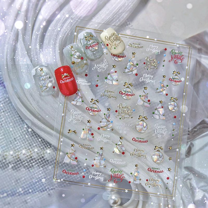 2025 New Christmas 3D Nail Stickers Reflective Glitter Xmas Tree Gingerbread Snowflakes Adhesive Decals Winter Manicure