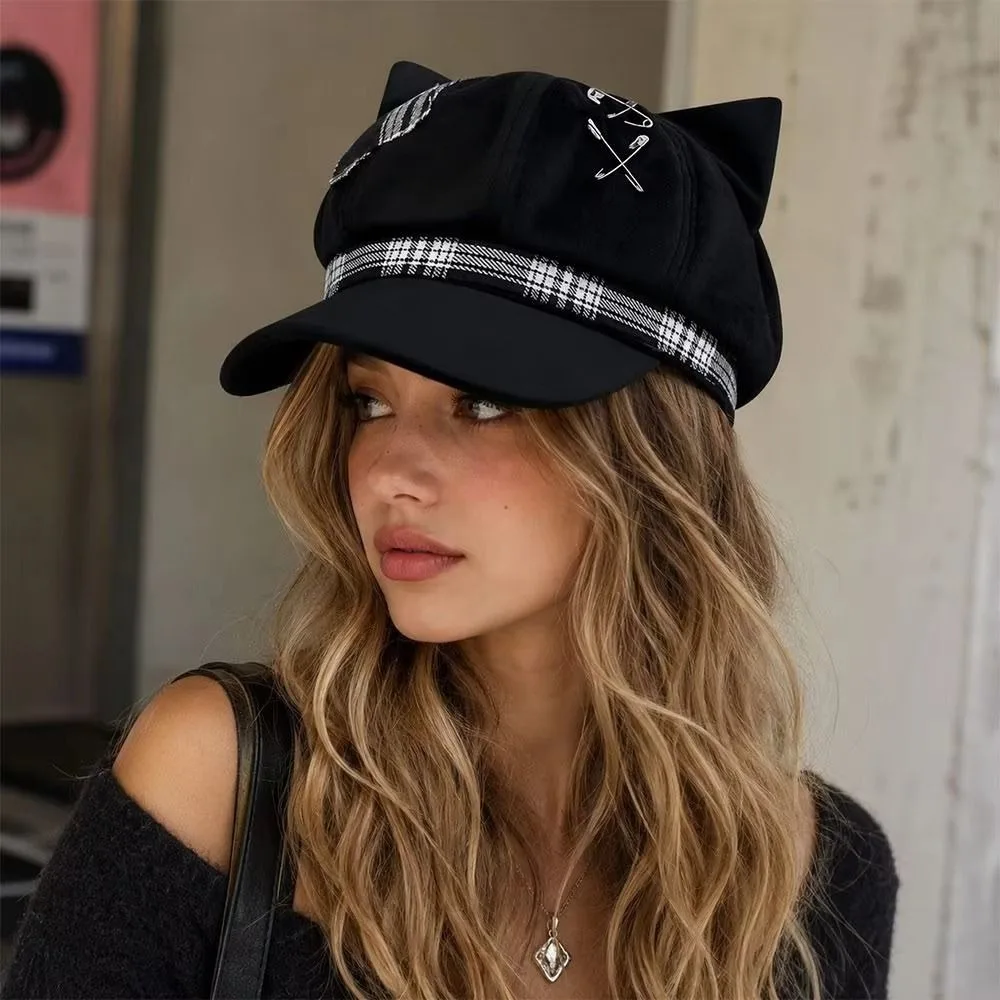 Cute Thin Brim Cat Ears Beret Hat Irregular Spice Girl Painter Artist Cap Y2K Punk Newsboy Peaked Hat Travel