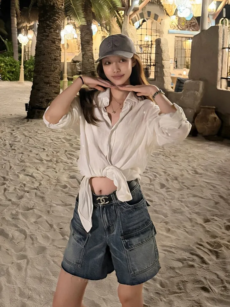 High Waist Frayed Hem Denim Shorts Women's Loose Straight Leg Four-Fifths Length Summer New Style Skin-Friendly Breathable