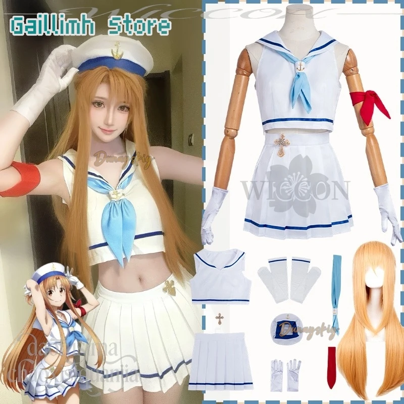 Traje de verano traje de marinero sin mangas Top Mini vestido Anime Yuuki Asuna Cosplay sombrero JK vestido Jirai Kei niñas fiesta de Halloween Cos