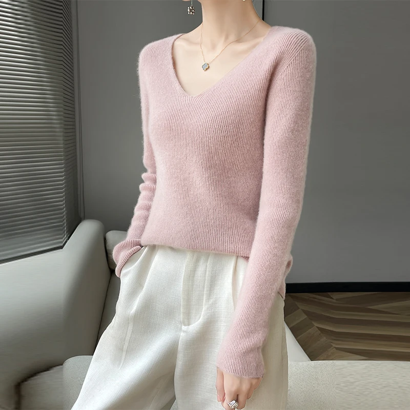 New 100% merino cashmere sweater in autumn and winter V-neck slim solid color sweater fashion knit bottoming shirt