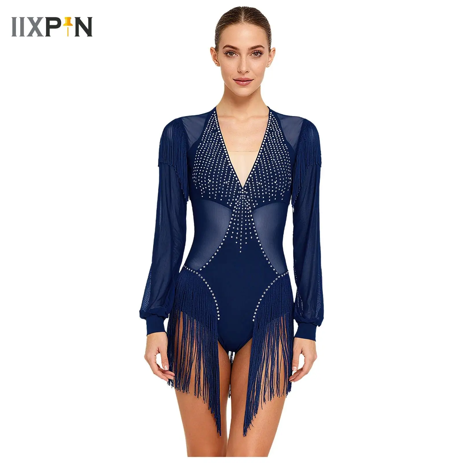 

Womens Tassel Latin Tango Leotard Bodysuit Sheer Mesh Shiny Rhinestones Long Sleeve Jumpsuit Dress for Salsa Jazz Figure Skating