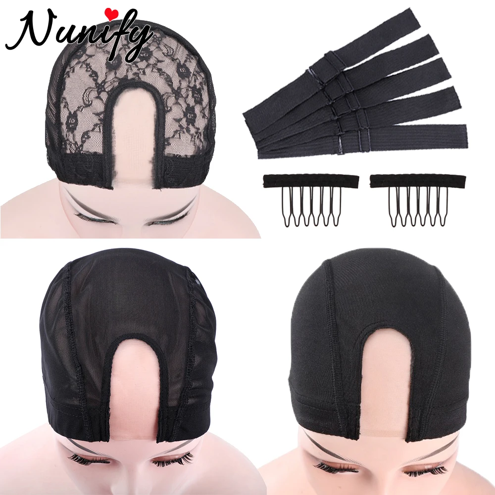 2 Stuks U Deel Pruik Cap Met Mono Lace Dome Pruik Cap Voor Het Maken Van Pruiken Met 3Cm Gebreide Pruik Band & 6Tanden Pruik Kam ClipsPruik Maken Benodigdheden