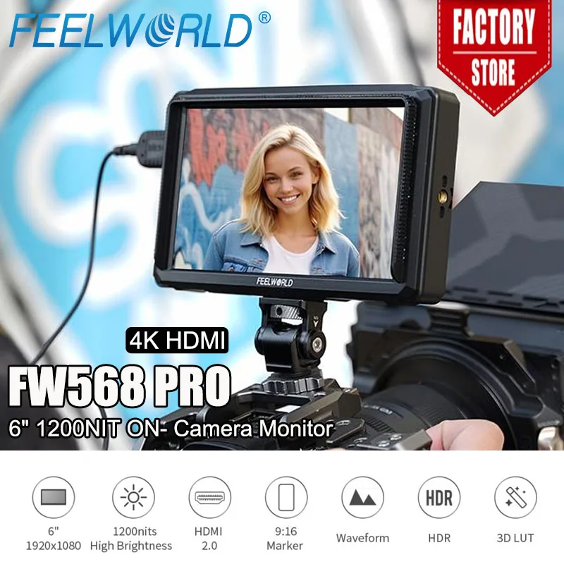 Монитор FEELWORLD FW568 PRO 4K HDMI 60Гц 1200 нит с высокой яркостью, 1920x1080 пикселей, отображением формы сигнала и HDR для DSLR-камер (6 дюймов)