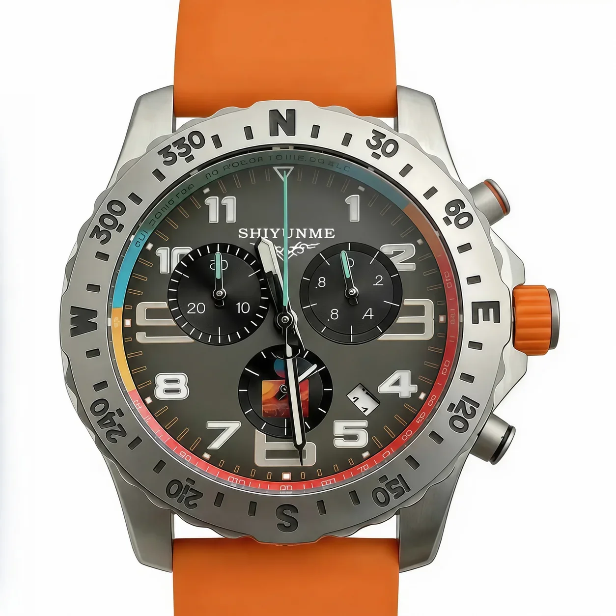 43 mm Men's Sports Watch, 904L Stainless Steel, Full-Featured, World Time, Rubber Strap