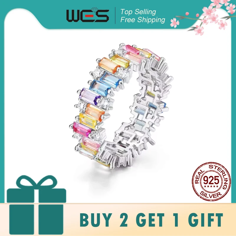 

WES 925 Sterling Silver Rainbow CZ Rings for Woman Geometric Crystal Gemstone Wedding Jewelry Birthday Gift for Mom Wholesale