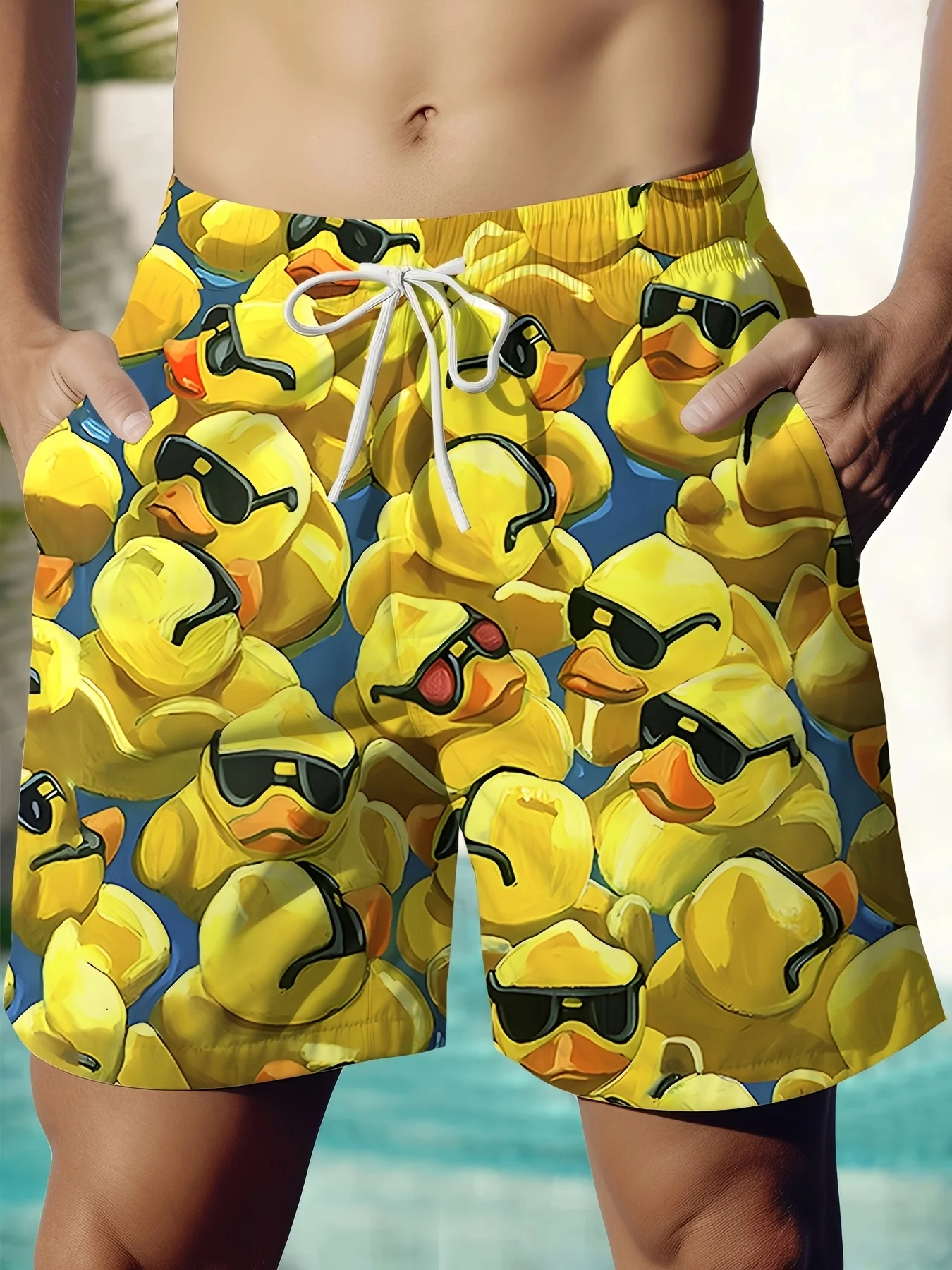 Classic Yellow Duck Pattern Beach Shorts - 3D Printed Men's Fun Shorts - Daily Casual Fashionable Sports and Fitness Pants
