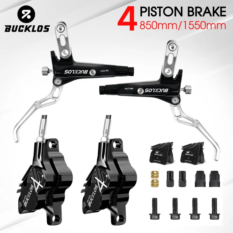

BUCKLOS Bicycle Hydraulic Disc Brake Set 4 Piston Oil Pressure Brake for Mountain Bike MTB Brake 850/1550mm Left & Right