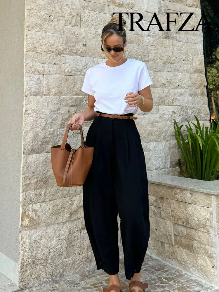

TRAFZA Summer Fashion Woman Long Pants Solid High Waist Pocket Belt Decoration Zipper Trousers Female Casual Pants 4 Color