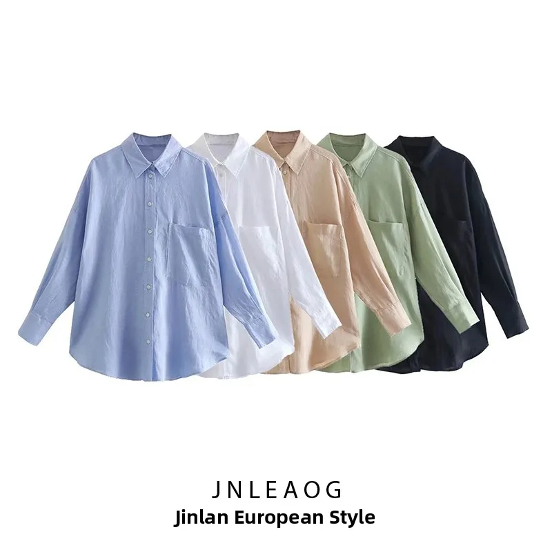 

JNLEAOG New Women's Faion Design Sense Linen irt ket Decorated Wind Polyester Fiber Long Sve Girls' irt