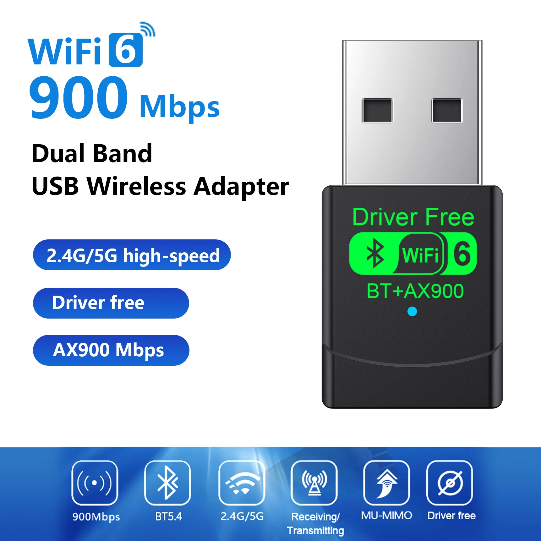 

AX900 WiFi 6 Бесплатная беспроводная сетевая карта Bluetooth5.4 Адаптер 2-в-1 Компьютерный USB-приемник Передатчик 2,4G/5 ГГц Двухдиапазонный