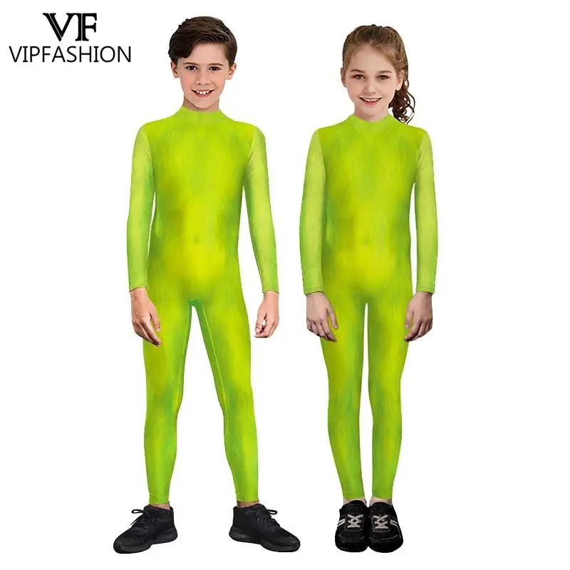 VIP FASHION Kids Cartoon Printed Cosplay Costume Green Guy Pattern Jumpsuit Boys Girls Zentai Suit Christmas Party Clothes Gifts