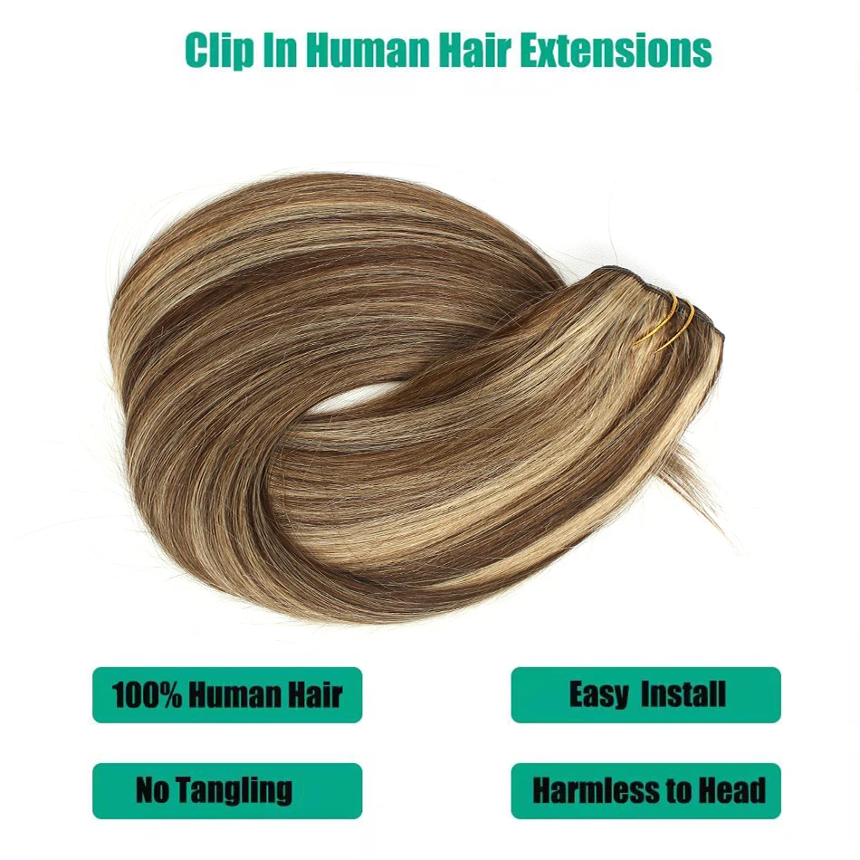 Lovevol-extensiones de cabello humano brasileño, pelo con Clip de Color Piano, serie voluminosa, trama doble, aumento de longitud, 7 unidades, 100g