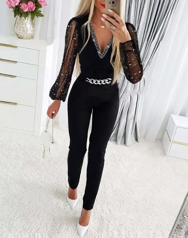 Elegant Party Jumpsuit for Women 2022 Autumn Fashion Chain Decor Contrast Mesh Plain Long Sleeve V-Neck Long Work Jumpsuit