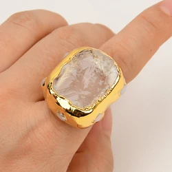 G-G Natural White Pearl Clear Quartz Crystal Rings Gold Plated Stone Ring For Women