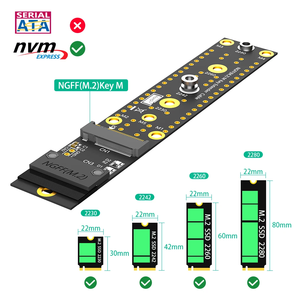 20 سنتيمتر M.2 (NGFF) مفتاح M NVMe SSD 2242/2260/2280 تمديد كابل موسع PCIe3.0 x4 كامل السرعة عالية التردد تمديد كابل
