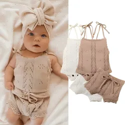 Cute Infants Clothes Set Baby Frilled Eyelet Knitted Jumpsuit and Short Pants Outfits 2pcs Set