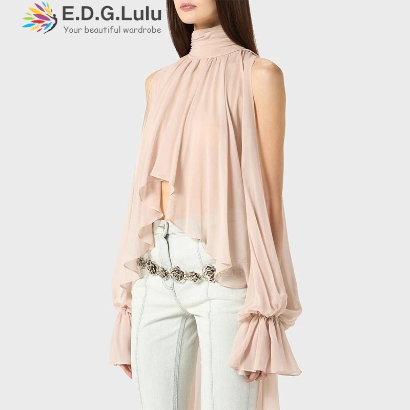 

EDGLuLu 2025 Summer New Arrival Women's Sweet Stand Collar Irregular Shirt Top Sexy Off Shoulder Flared Sleeves Blouse 0512