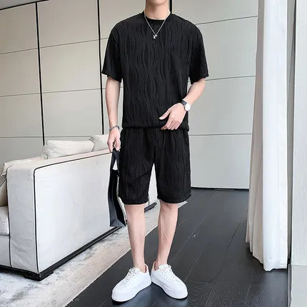 Summer Men's White Black Set Fashion Loose Round Neck Short Sleeved And Shorts Set 2 Pieces Man Tracksuits