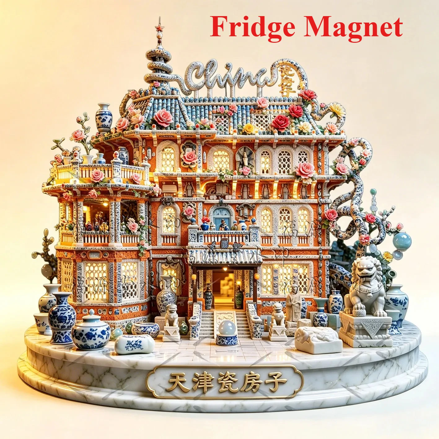 Embossed Metal Fridge Magnet Tianjin Porcelain House China, Chinese Trend Cultural Creative Travel Souvenir, Home Decor Gift