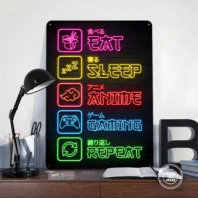Anime Gaming Repeat Quote Neon 3D Texture Metal Poster Customized Wall Art Tin Sign Gift for Mancave Home Decoration Aesthetic