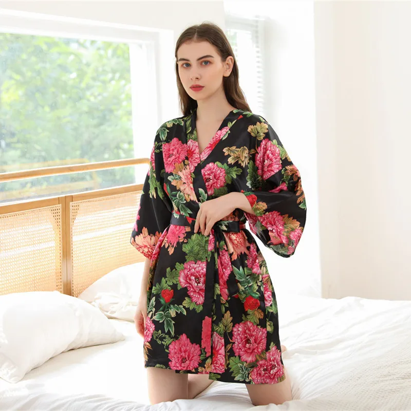 Loose Bathrobe Sexy Print Flower Women Kimono Robe Gown Satin Silk Intimate Lingerie Nightgown Soft Home Dressing Gown