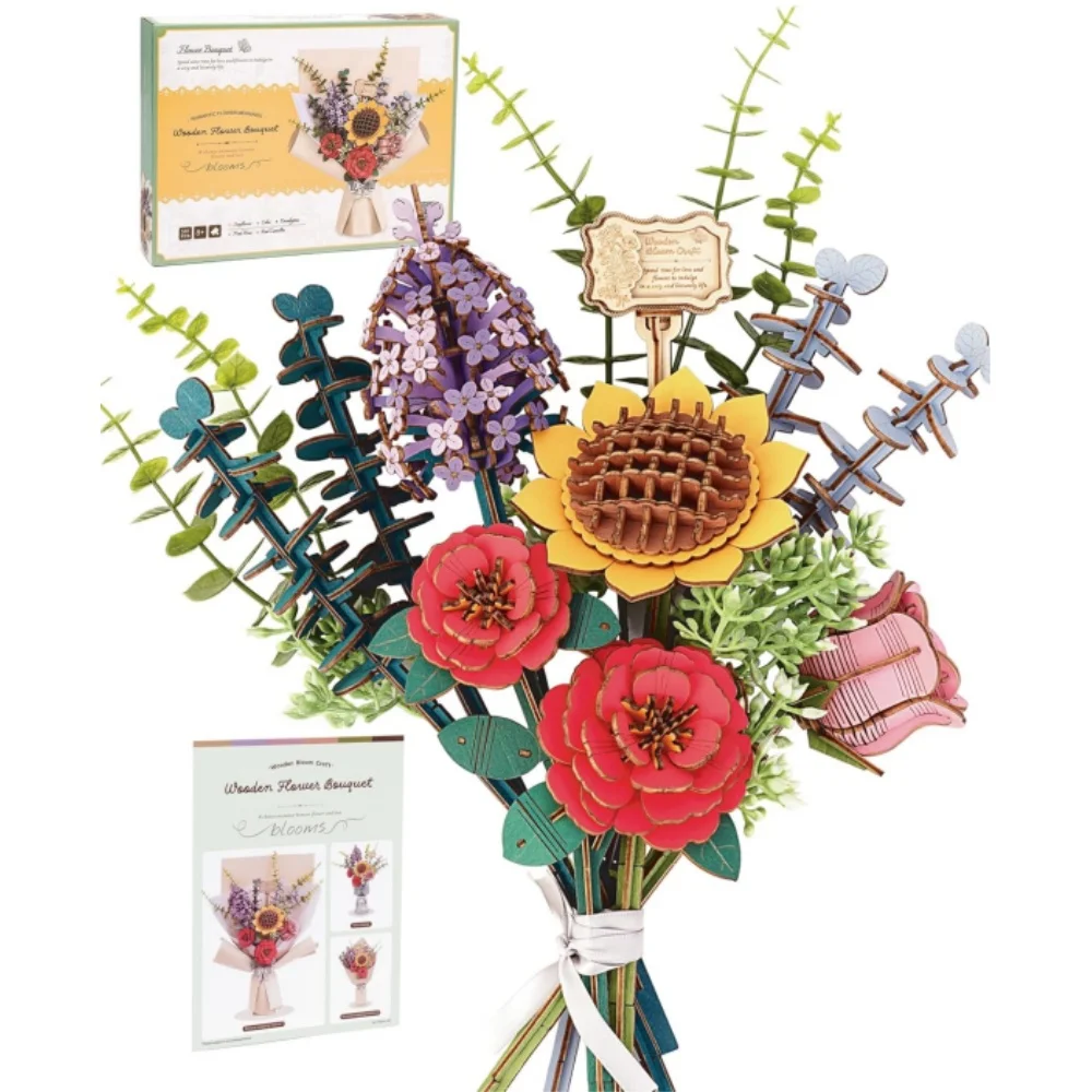 Robotime 3D Wooden Puzzles Flower Bouquet Model Kit Building Set Wooden Flower Sunflower/Red Camellia/Pink Rose/Lilac