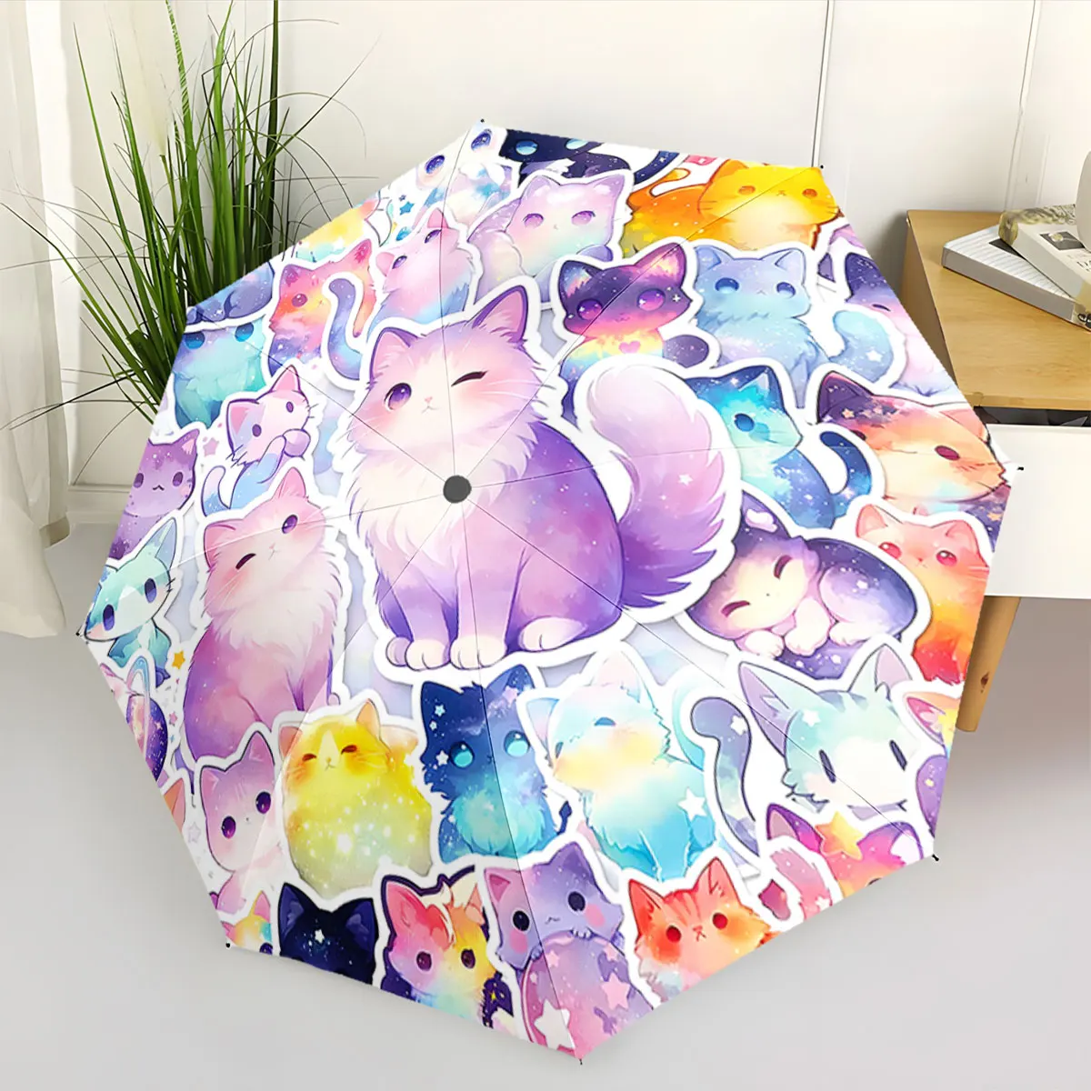 1PC Charming Cat Umbrella: A Galaxy of Feline Faces Print 8 Iron Ribs Folding Umbrella Auto-Open Fashion Sunshade