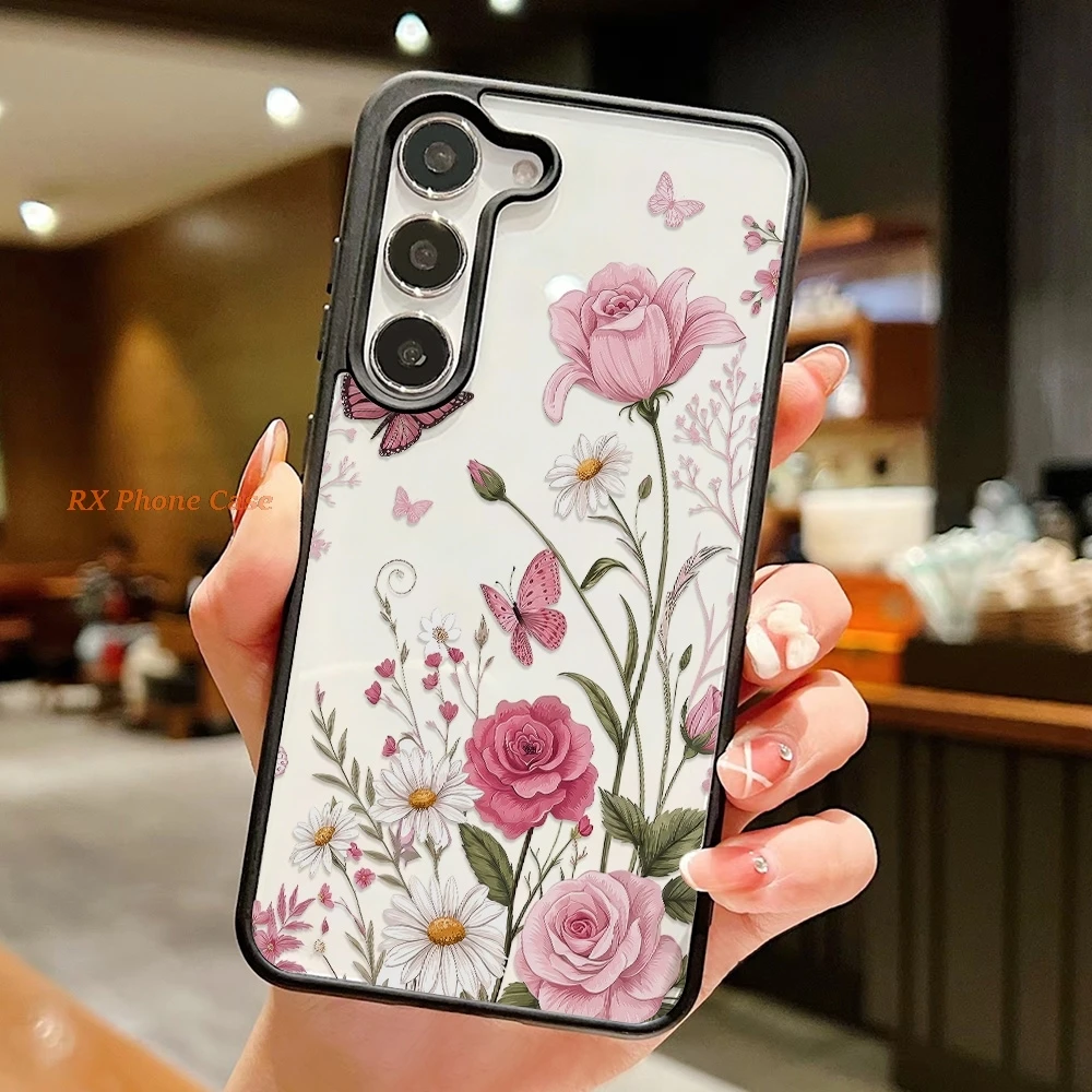 Pink Rose Daisy Butterfly Clear Phone Case For Samsung S26 Ultra S25 Ultra A56 A57 S24 FE S23 A55 A37 A18 Acrylic Wrist Lanyard