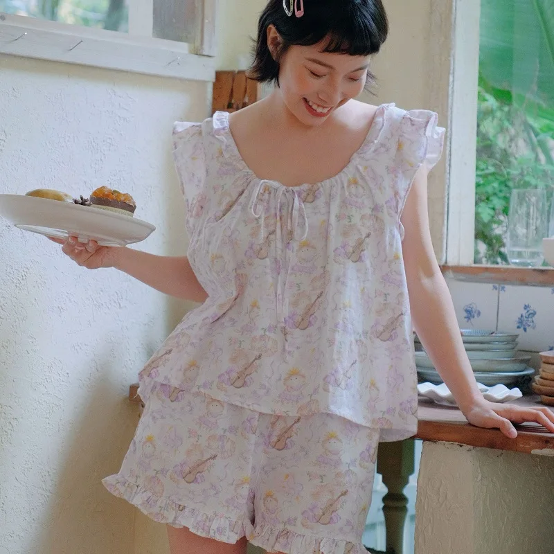 

Hanxiuju Summer Floral Pure Cotton Ruffle Shorts Pajama Sets For Women Loose Casual Nightshirts Home Clothes