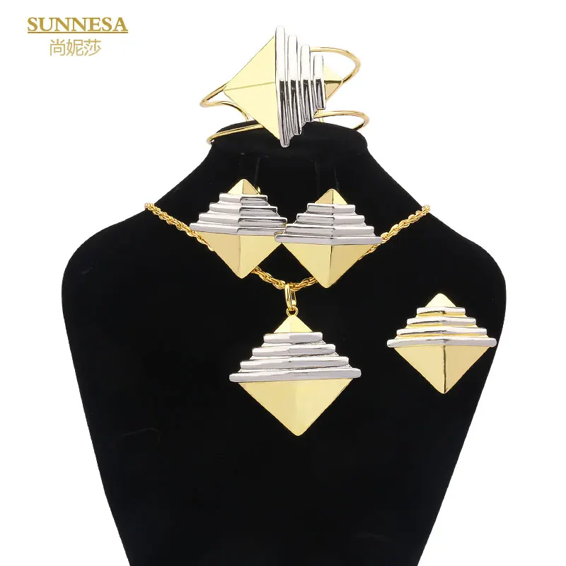 SUNNESA 18k Gold Plated Dubai Jewelry Sets Egyptian Pyramids Stud Big Pendant Necklace Earrings Set Double Colors Bracelet Ring