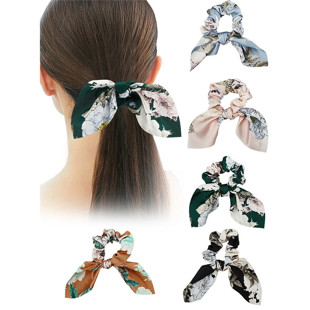 5Pcs 5 Colors Cloth Bowknot Hair Ties Mixed Color 150mm