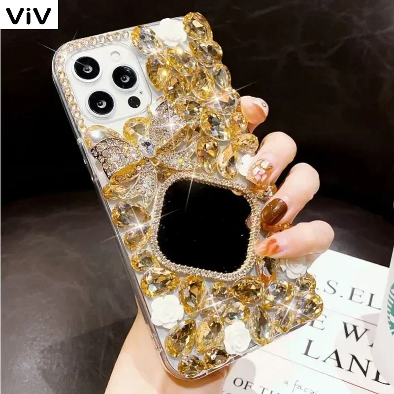 Luxury Diamond Bowknot Flower Bling Crystal Mirror Case Cover for Huawei Honor 70 80 90 100 Pro Lite 8X 9X X40i X50i viv