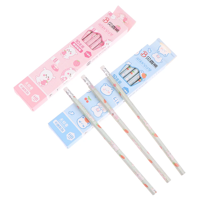 10Pcs/box Wooden Pencils Cute Cartoon HB Pencil Sketch Drawing Stationery Student School Office Supplies