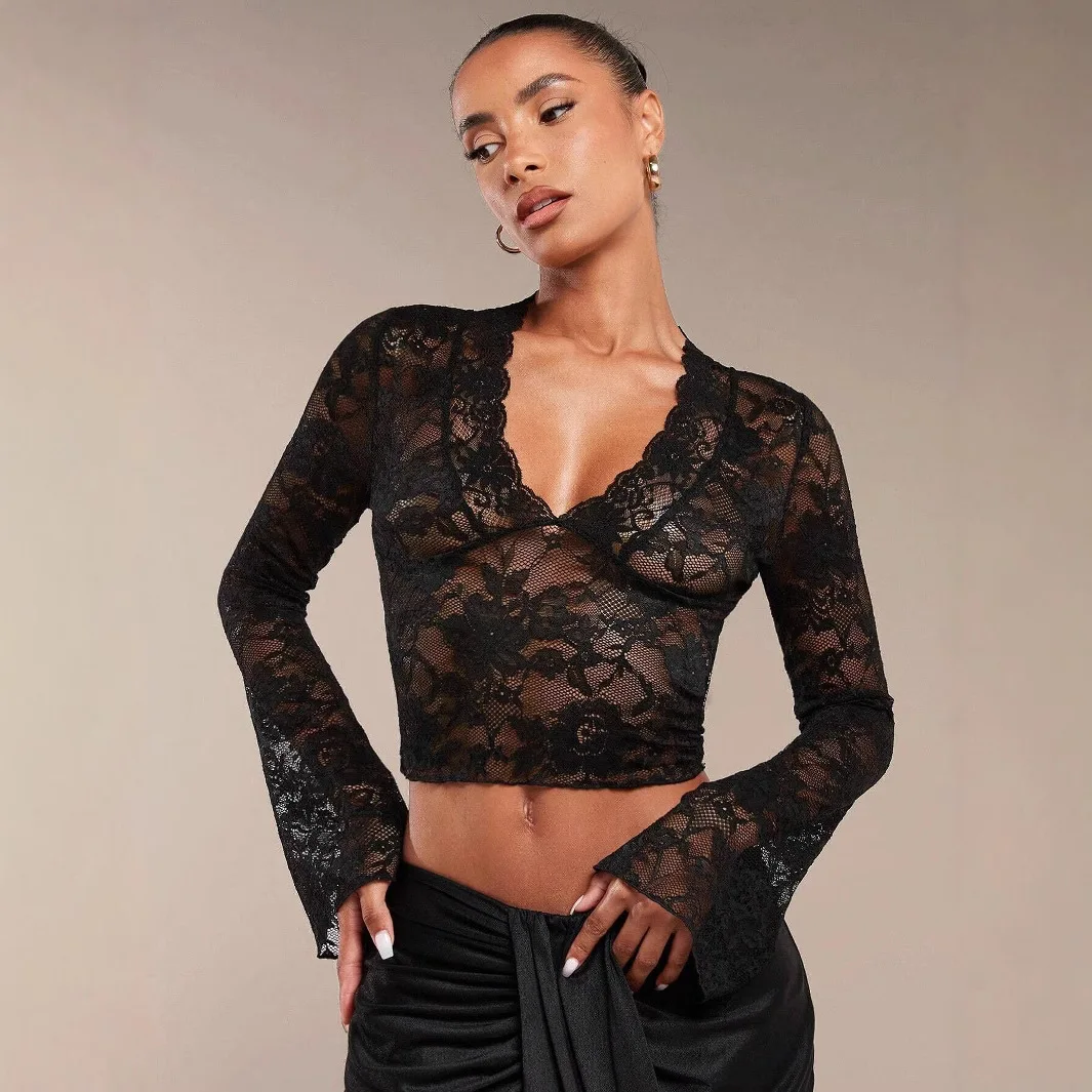 Summer Fashion Women's Lace Cropped Top Slim Fit Elegant Commute Comfort Casual Daily Wear Flare Sleeve V Neck Versatile T-shirt
