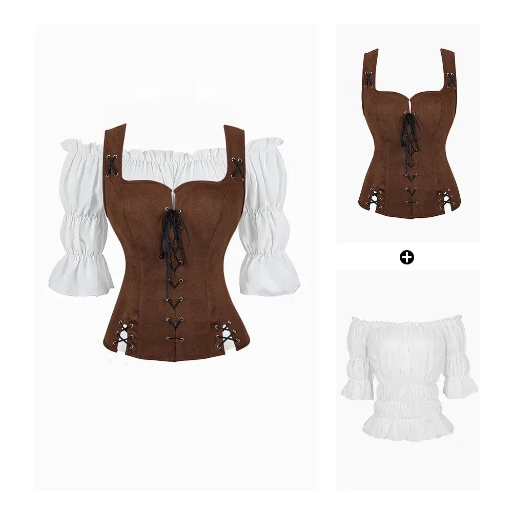 Traje de pirata feminino colete medieval cosplay plus size blusa medieval topos 2 peças define colete renascentista marrom preto azul vermelho